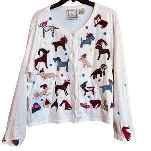 Michael Simon Lite Christmas Holiday Dogs & Hats Cardigan Top Embroidered XL